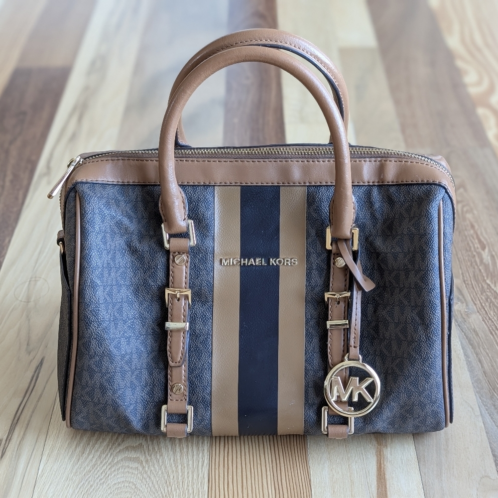 Michael Kors Brown and Tan Bedford Duffel Satchel Bag - Picture 8 of 16